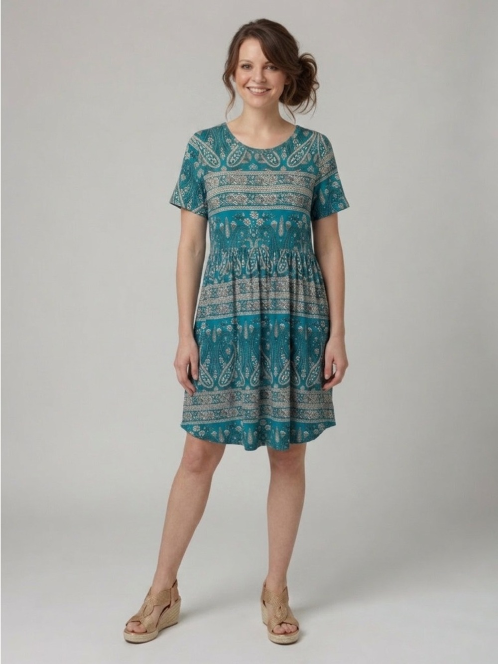 Teal Paisley Short Sleeve Swing Dress